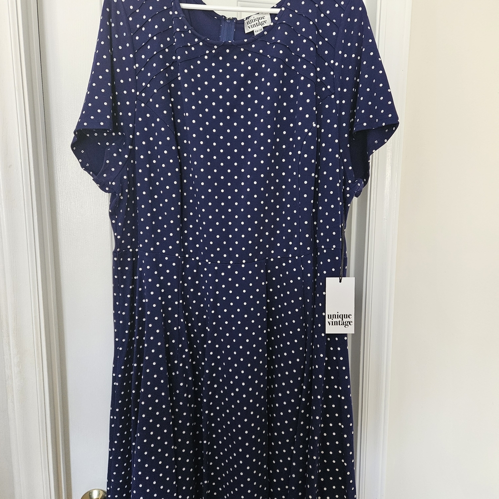 Unique Vintage Navy & White Polka Dot Midi Dress